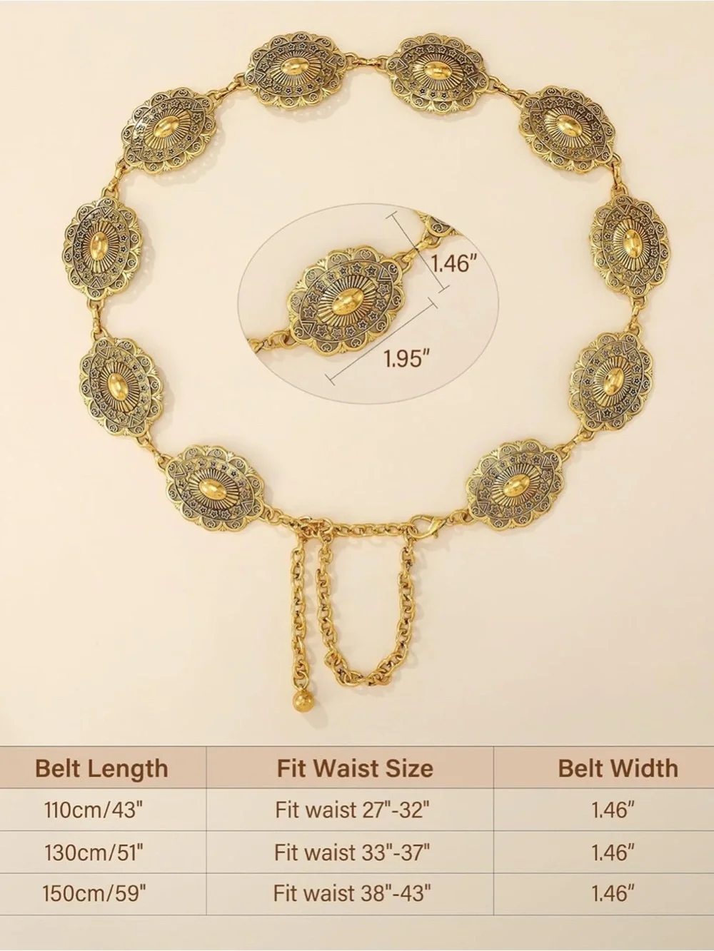 Western Vintage Boho Gold Floral Link Waist Chain Belt